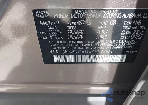 2019 Hyundai Santa Fe Se из США, поврежденный, VIN 5NMS2CADXKH098561